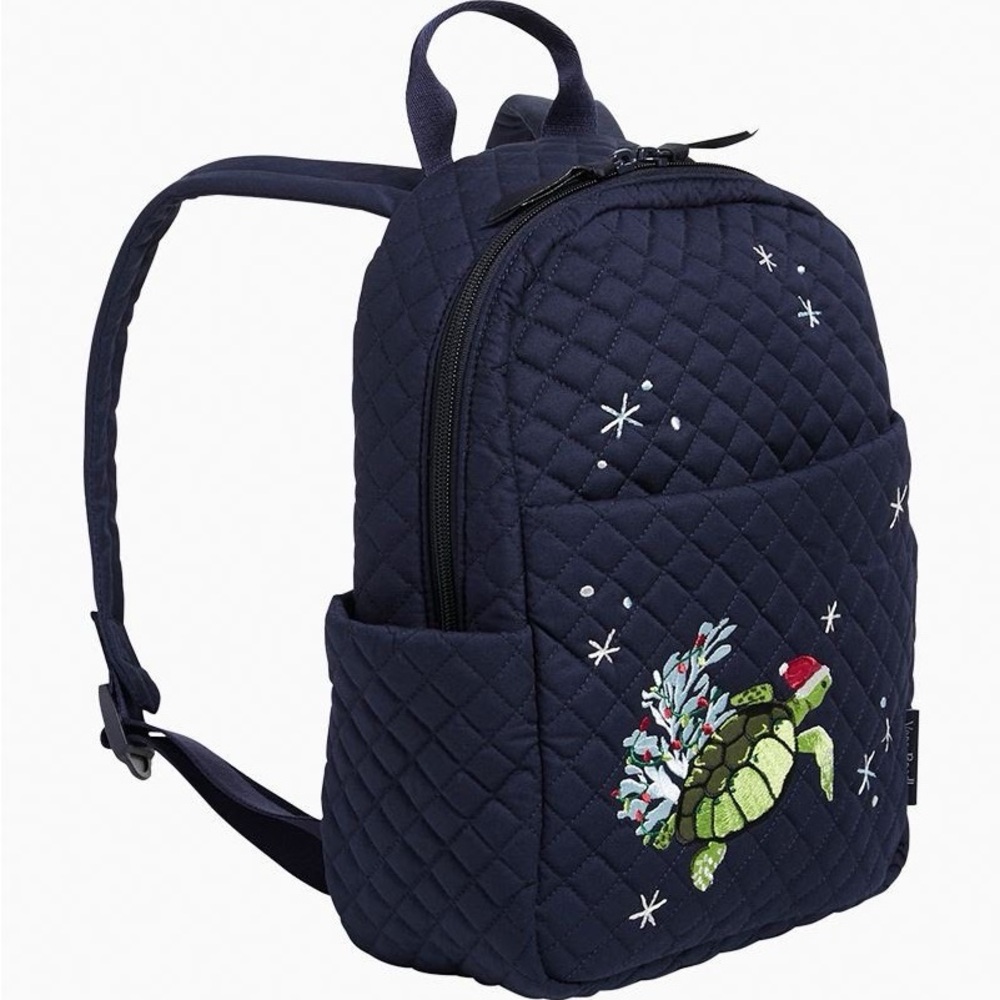 🆕Vera Bradley Cotton Quilted Small Backpack Bag Holiday “Santa Turtle” Navy - Picture 3 of 6